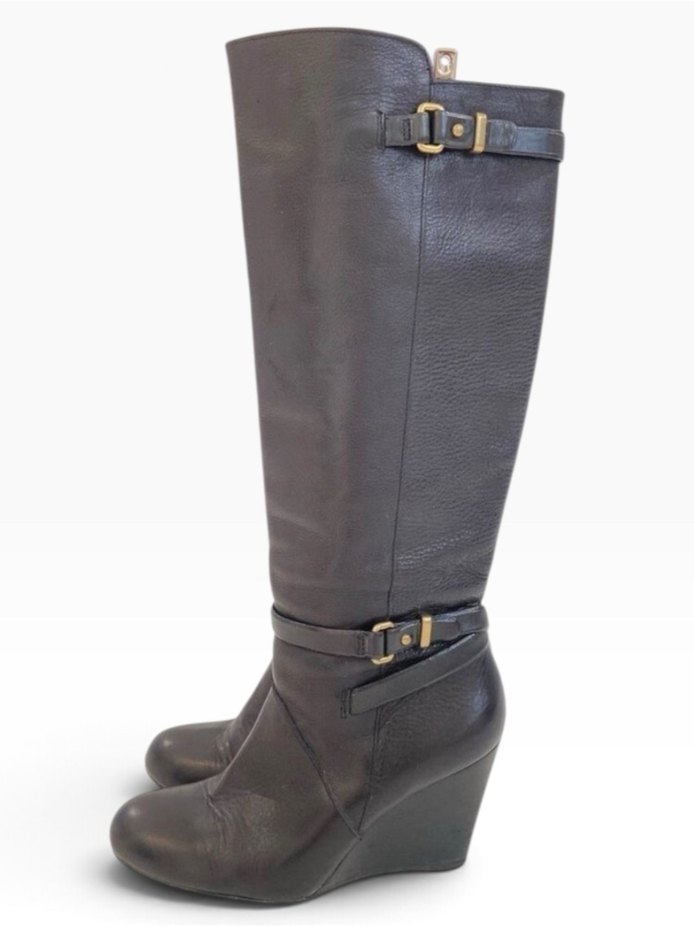 Coach Adair Tall Wedge Boots Black Leather Gold-Tone Hardware Round Toe Women’s